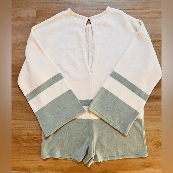 SABO Australia Knit Playsuit Romper Medium Cream Sage Striped Bell Sleeve Lounge - Picture 3 of 8